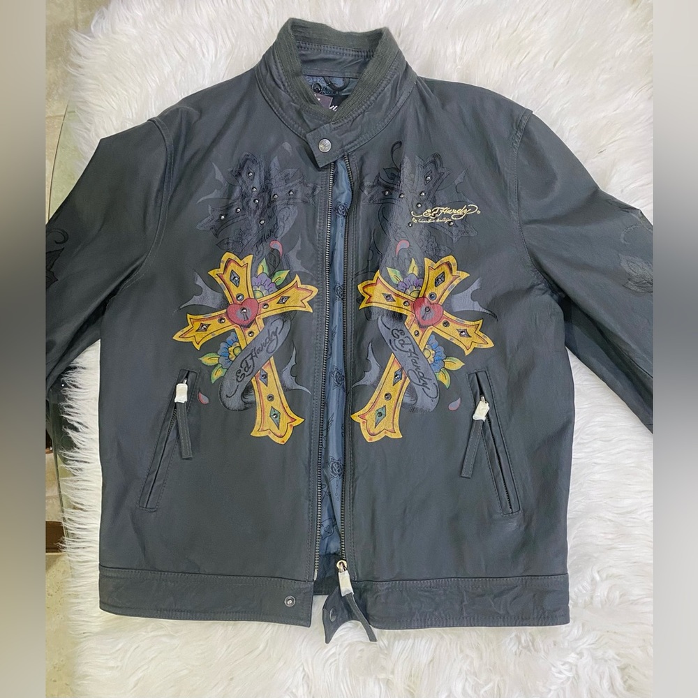 Ed Hardy Gray Jacket with Yellow and Red Cross Design